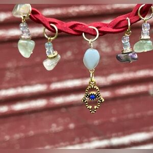 Red Faux Suede Braided Choker Fluorite w/Hamsa charm